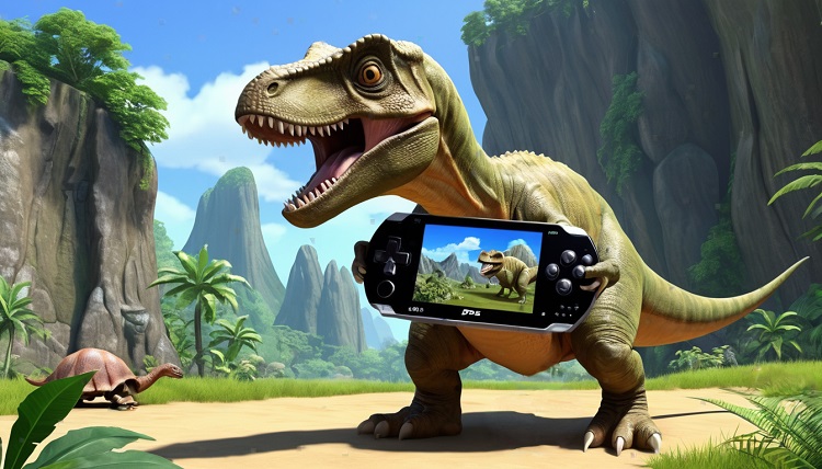 dinosaure portant une console